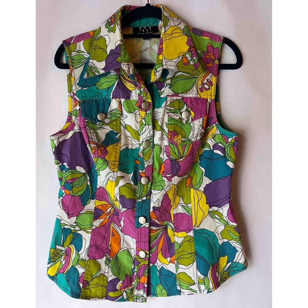 David Meister Sleeveless Floral Collared Button Front Blouse Top Size 6